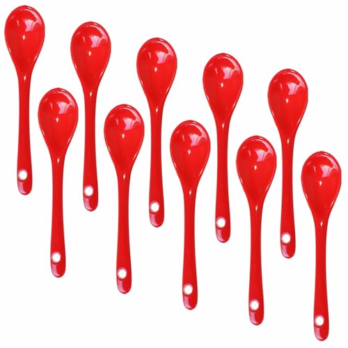 Lotatheta 10 pcs Red Porcelain Egg Spoons Ceramic Spoons 4.7 inch Coffee Dessert Yogurt Tea Milky Tea