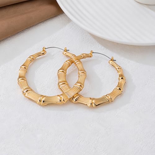Bamboo Hoop Earrings for Women Chunky Gold Silver Large Bamboo Earrings Statement Vintage Boho Party Daily Wear Jewelry Gift (50mm Gold) by Bofynir - Used condition - Image 6