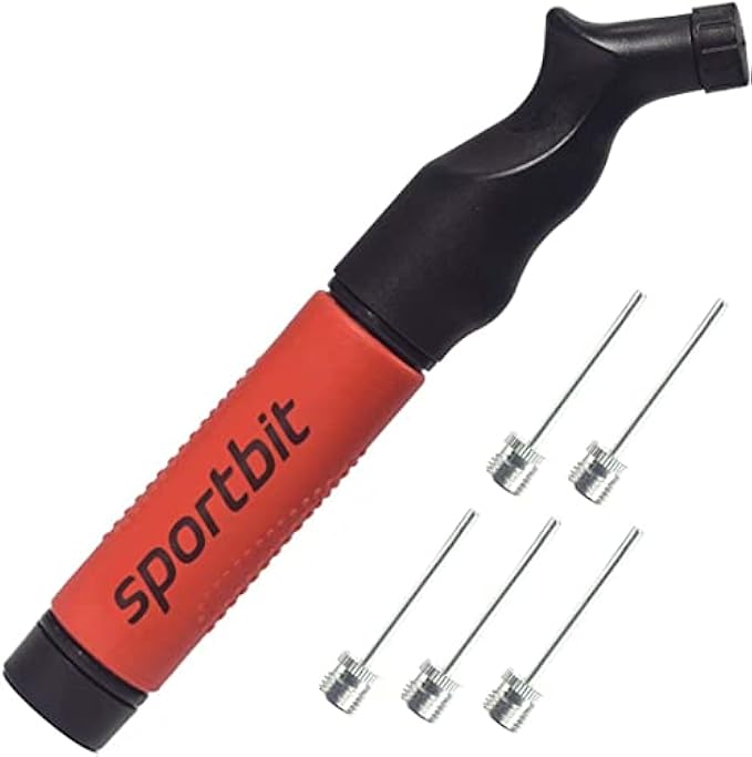 SPORTBIT Ball Pump with 5 Needles - Push & Pull Inflating System - Great for All Sports Balls - Volleyball Pump, Basketball Inflator, Football & Soccer Ball Air Pump - Goes with Needles Set (Red)