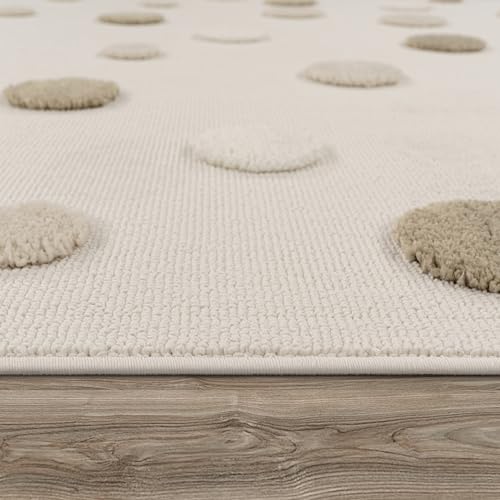 Paco Home Kinderteppich Moderner Spielteppich Kinderzimmer 3D-Effekt Naturtöne weicher Flor robust & pflegeleicht Schlingenstruktur Punkt-Motiv Beige Braun Creme, Grösse:120x160 cm - 2