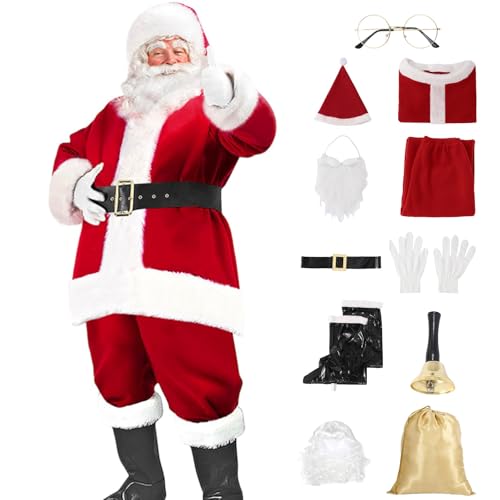 Costume de Père Noël de luxe en velours rouge pour adulte avec 11 accessoires de qualité