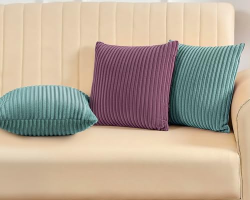 Image of Yellow Weaves Pencil-Stripe Fur Cushion Covers | Soft Polyester | Decorative Sofa & Throw Pillow Covers | 16x16 Inches, Pack of 3 (Purple & Sea Green)