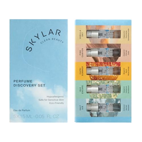 skylar perfume discovery spray sampler set - boardwalk delight sunkissed dahlia vanilla sky salt air coconut cove - hypoallergenic amp clean perfume for women amp men - 5 15ml