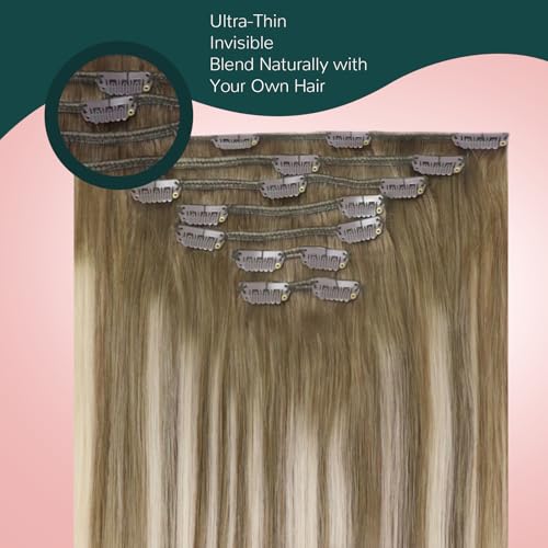 Image of Easyouth Balayage Clip in Hair Extensions, Clip in Extensions Real Human Hair, Medium Brown Ombre Platinum Blonde with Brown, 12 Inch 7pcs 85g, Remy Hair Extensions Clip ins, for Beginners