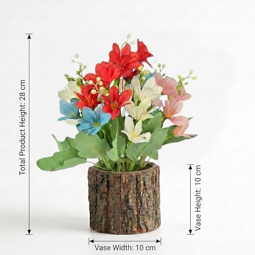 Image of Dekorly Artificial Multi Colour Lily Flower with Real Wooden Vase (28CM Overall Height) | Decorative Lifelike Faux Floral Plant in Rustic Tree Log Pot for Living Room(Mini Lily Flower)