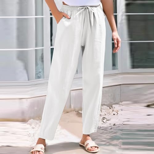 Linen Pants Women Casual Elastic Waist Cotton Linen Pants Drawstring Loose Straight Leg Summer Beach Pant w/Pockets2