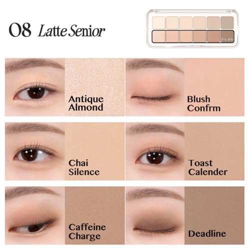 Image of CLIO Pro Eye Palette Air, 12-Color Eye Shadow Palette, Matte Shimmer Mix, Air-Fit Blendable Pigmented Buildable Color, Low Fallout, Warm Brown Nude Neutral Tone, Daily Korean Makeup (08 LATTE SENIOR)