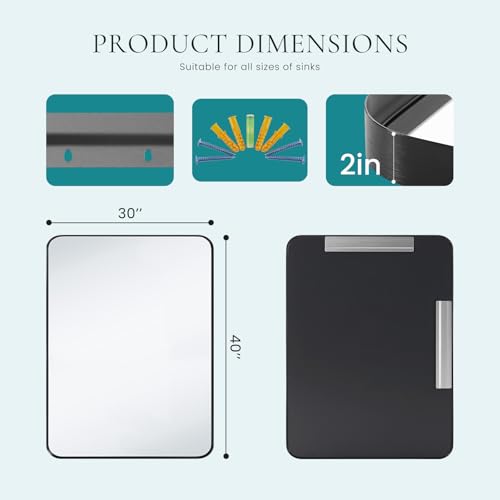 Image of NEWBULIG 30X40 Inch Bathroom Wall Mirror, Vanity Bathroom Mirrors for Over Sink Tempered Glass, Anti-Rust Metal Framed Rounded Rectangle, Hangs Horizontally or Vertically, Farmhouse Home Decor, Black