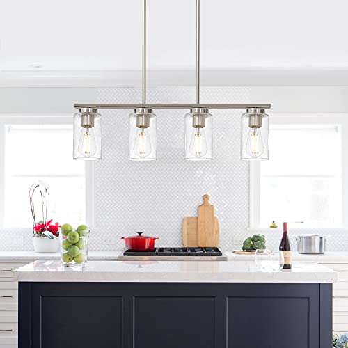 Winshen Kitchen Island Lighting, 4-Light Brushed Nickel Linear Chandelier, 27.5-Inches Rectangle Pendant Light Fixtures With Seeded Glass Shade For Dining Room Pool Table #TOP6