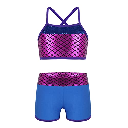 Image of Agoky Kids Girls 2PCS Sports Outfits Ballet Gym Sequins Mermaid Tank Top Shorts Set Tankini Swimwear Gymnastics Tracksuit