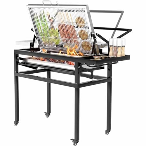 Parrilla de carbón portátil, parrilla de barbacoa giratoria con ruedas, rejilla de cocción de acero inoxidable, bandeja de carbón ajustable, para acampar, fiestas en el patio y en el patio trasero