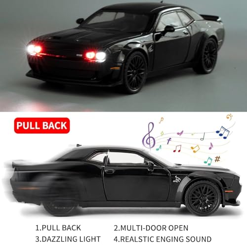 Image of Exclusive Alloy Metal Pull Back Die-Cast Car Diecast Metal Pullback Toy Car with Openable 6 Doors,Light Music Boys Gifts Toys (F & F 7 Dodge Challenger - Black)
