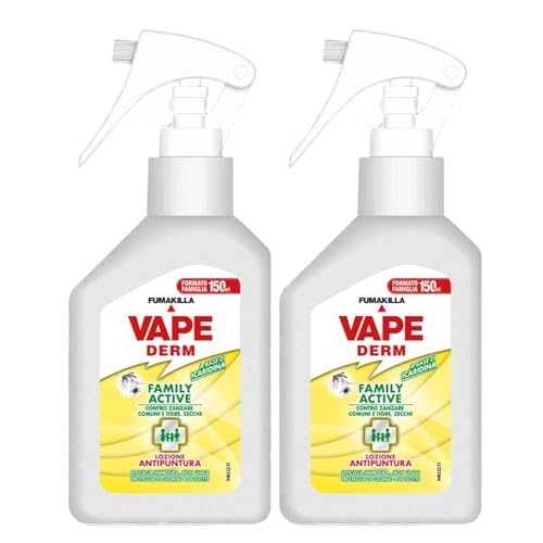 Vape Derm Family Active Lozione Antipuntura Contro Zanzare e Zecche a Base di Icaridina Spray 150 ml Uso Per Adulti e Bambini Efficace e Delicato (2 Unità)