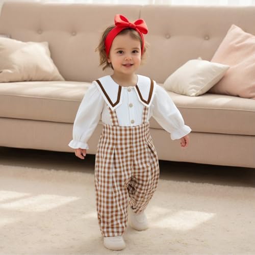 Newborn Baby Girl Clothes Button Linen Button Long Sleeve Romper Plaid Overall Pants Fall Winter Baby Girl Outfit3