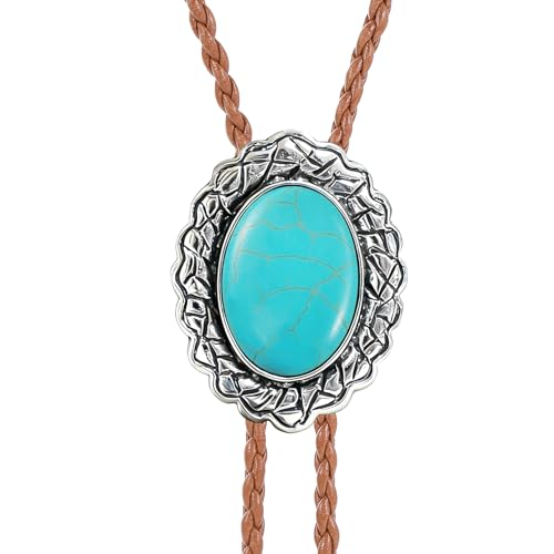 Image of Jeilwiy Bolo Tie for Men Real Stone Westwern Cowboy Ties Silver Bolos Women Leather Necktie Gift for Birthday Christmas