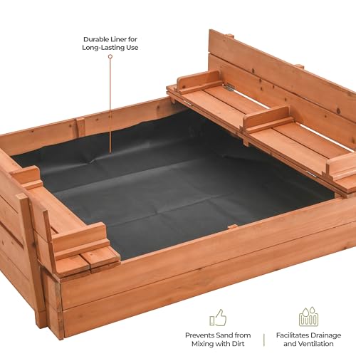 Image of Large Wooden Kids Sandbox with Lid - Outdoor Sand Box for Kids with Cover Sand Protection, Foldable Bench Seats and Bottom Liner