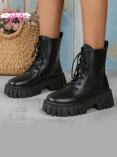 Image of Shoetopia Women's Combat Boots - Chunky Platform Lace-Up || Ankle Boots with Lug Sole Leather Fashion Boots for Fall & Winter