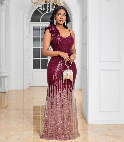 Image of Cololura Women Sexy Elegant Sequin High Split Ruffled Hem Mermaid Party Cocktail Bodycon Formal Evening Gowns Maxi Dress