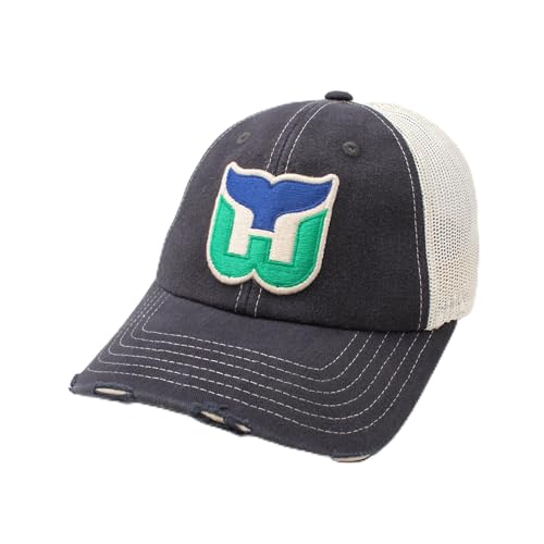 AMERICAN NEEDLE Officially Licensed NHL Hockey Orville Team Hat Distressed Dad Cap Adjustable Authentic New (Hartford Whalers (Navy/Stone))
