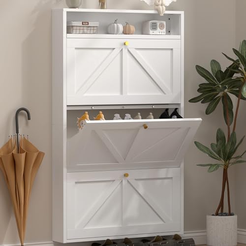 STEELIST Narrow Entryway Shoe Cabinet with 3 Flip Drawers, Freestanding Shoe Organizer Cabinet, Space-Saving Slim Cabinet, Shoe Holder for Entryway Storage Solution, White