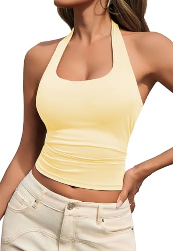 MAOECO Womens Tank Tops Sexy Halter Neck Going Out Tops Summer 2026 Trendy Backless Workout Shirts Sleeveless Y2k Clothes Butter Yellow M