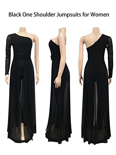 Chicyes Women's One Shoulder Jumpsuits Sexy Elegant Formal High Waist Overlay Bodycon One Piece Rompers Black #TOP4