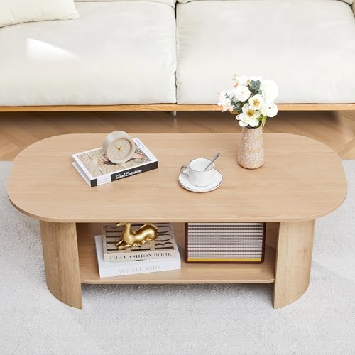 MAHYIZYI Oval Coffee Table for Living Room, 43.3” Farmhouse Coffee Tables with Storage, 2-Tier Wood Center Table with Storage Shelf Low Tea Table for Small Space, Home, Office, Easy Assembly (Natural)