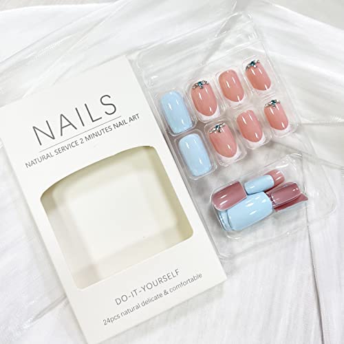 Square Press On Nails French Tip Short False Nails With Rhinestones Designs Summer Acrylic Fake Nails Light Blue Glue On Nails Holiday French Tip Nails Glossy Stick On Nails For Women Girls Nail Art #TOP3