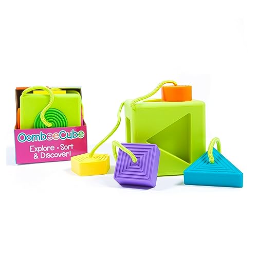 Image of Fat Brain Toys OombeeCube, Toddler and Baby Toys 10 Months and Up, Travel-Friendly Shape Sorter with Tethered Shapes for Early Learning