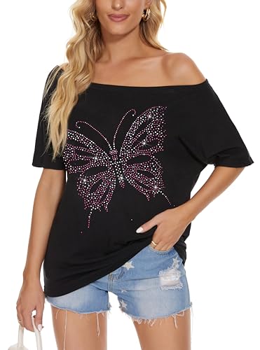 MAKARTHY Womens Off The Shoulder Tops Sexy Shiny Shirts Short Sleeves Funny Graphic T-Shirt Blouses Black+ Pink Butterfly X-Large
