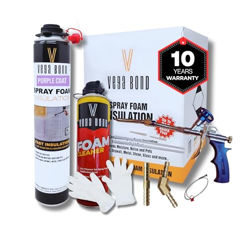 Vega Bond Single Component, Self Expanding, Purplecoat Closed Cell Insulation Spray Foam 29 oz w/ 5.66 R-Value, Acoustic Spray, 20 BF Coverage per can at 1 inch Thickness (1 Pack + Gun + Cleaner)