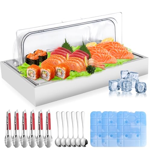 Image of Countertop Ice Food Serving Display Tray with 1 Pan, Portable Salad Bar Buffet Station, Stainless Steel Cold Food Buffet Server with Clear Roll Top Cover, Chilled Serving Tray for Home Party Buffet
