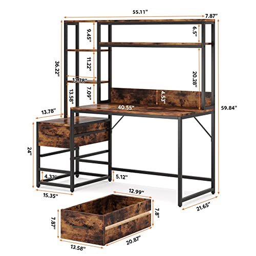 Image of Tribesigns 55 Inch Computer Desk with 2 Drawers and Storage Shelves, Rustic Office Desk with Hutch, Study Writing Gaming Table Laptop Workstation for Home Office (Brown)
