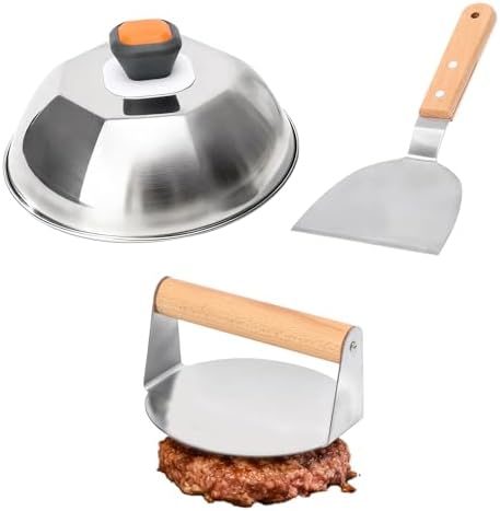 Edelstahl Burgerpresse Set 3-teilig mit Smasher,Schmelzkuppel & Grillspatel | für Smash Burger, Flat Top Grill und BBQ. Gleichmäßiges Pressen von Patties und einfaches Schmelzen vo