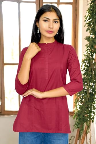 Image of JAIPUR HAND BLOCK Women's Pintuck Plain Short Cotton Kurti|Top STYLE-S91
