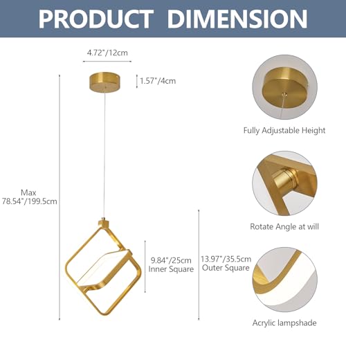 Image of Modern LED Chandelier Gold Rectangular Pendant Light Fixtures 4000K 20W Dimmable Height Adjustable Pendant Lighting for Dining Room Kitchen Island Bedroom Living Room Foyer(2-Pack)