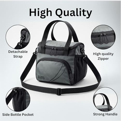 Image of Aliens Lunch Bag and Insulation Tiffin Bag with Adjustable Shoulder Handle and Side Pockets for Men, Women - Office, Travel, School, College and Picnic Lunch Box & Bottle Pouch - Grey
