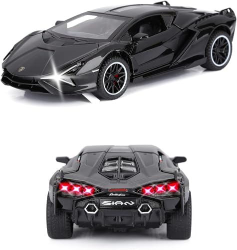Image of 1:32 Scale Lamborghini Sian Toy Car | Metal Pullback Diecast Car for Kids with Openable Doors, Sound, Light Effects Toy for Car Enthusiasts (Black)