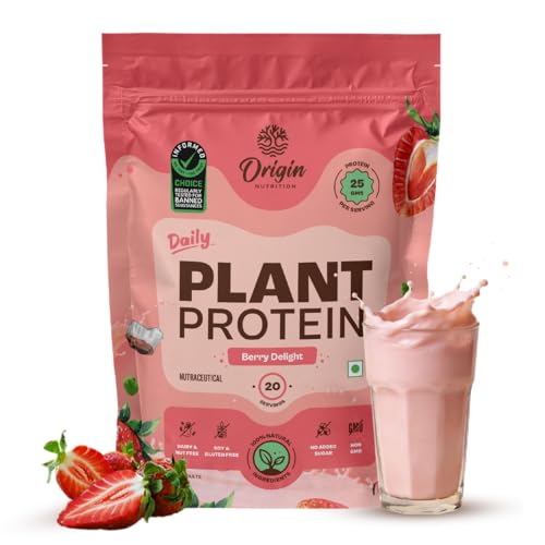 Image of Origin Nutrition 100% Natural Plant Based Protein Powder, 816 gm, Ranked Best Vegan Protein, European Pea Protein Isolate & Pumpkin Seed, Strawberry Flavour with 25g per Protein Per Serve