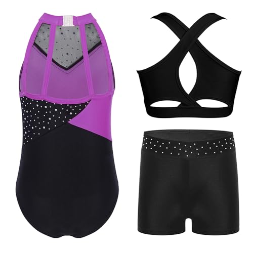 YiZYiF Child Girls Ballet Leotard with Cropped Vest and Shorts 3-Piece Activewear Set Tumbling Outfit Yoga Workout2