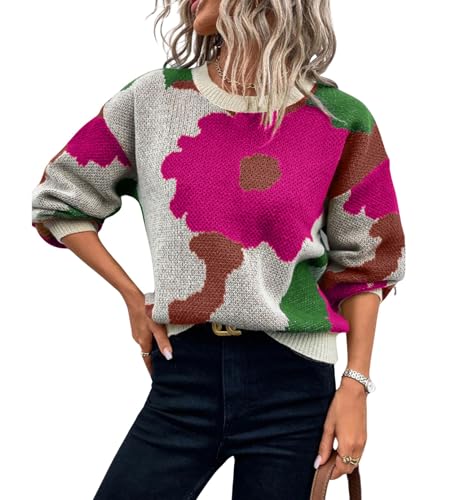 chouyatou Women's Cute Floral Printed Color Block Pullover Sweater Casual Crewneck Knit Jumper Tops