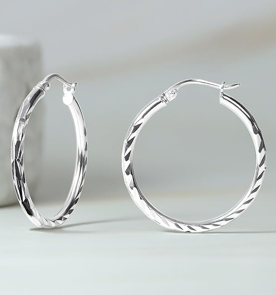 Hoops & Loops 925 Sterling Silver Diamond-Cut Click-Top Hoop Earrings for Women, Sizes 15mm 20mm 25mm 30mm, Silver, Yellow & Rose Gold2