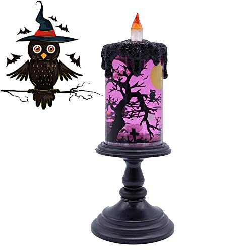 Image of Halloween Flameless Candle Snow Globe Battery Operated with 6 Hour Timer, Purple Light Ghost Decal Water Tornado Lamp LED Candlestick Halloween Season Decor Gift 4 x 10 Inches