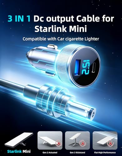 Image of Starlink Mini Cable, 3 in 1 Starlink Mini Car Adapter DC Power Cable and Cigarette Lighter Adapter 12V-48V with Voltage Display, Durable USB-C PD 45W and USB-A 35W Ports,Suitable for Cars(16.4FT)