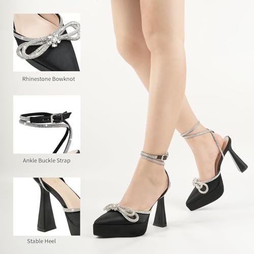 JENN ARDOR Women's Platform Heels Ankle Strap Pumps High Heeled Pointed Toe Stiletto High Heel Sandals Rhinestones Bow Knot Party Prom Dress Pumps Shoes for Women4