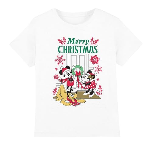 Disney - Camiseta de Mickey & Minnie Mouse Guirnalda Navidad para Niños/Niñas (5-6 años) (Blanco)