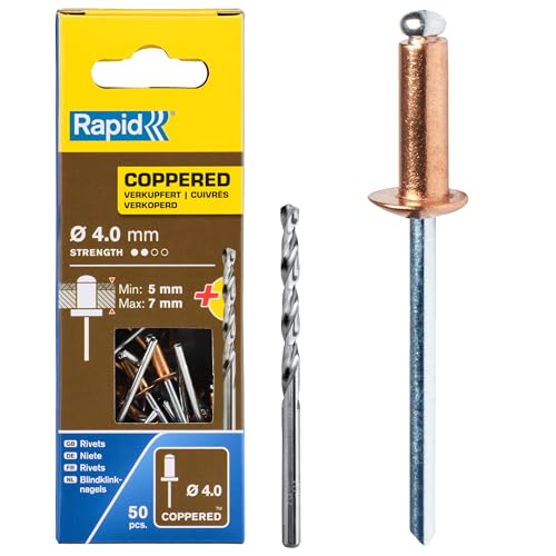 RAPID - Rivets Pop en Aluminium Ø4 x 10 mm, Revêtement Cuivré, Rivets Aveugles pour Gouttières / Tuyaux / Tôle - Foret Inclus - 50 Pièces, Emballage Carton...