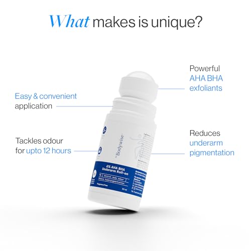 Image of Be Bodywise 6% AHA BHA Underarm Roll On Deodorant, 50ml | 1% Mandelic, 4% Lactic, 1% Salicylic Acid | Prevents Body Odour & Fades Pigmentation | Alcohol & Aluminium Free | Fragrance-free