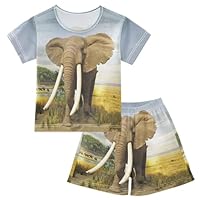 YOUJUNER Kids Pyjamas Set Africa Elephant Print Short Sleeve T-Shirt Summer Nightwear PJs Lounge Wear Sleepwear for Boys Girls Children