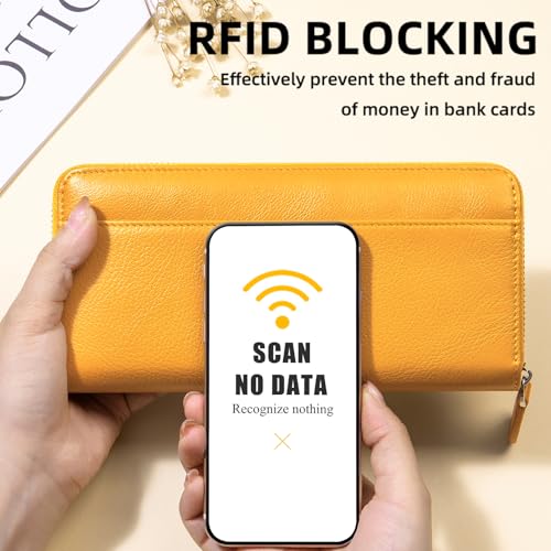 Image of RFID Blocking Womens Zipper Wallet Leather Large Capacity Billfold Clutch Zip Around Wallets for Women